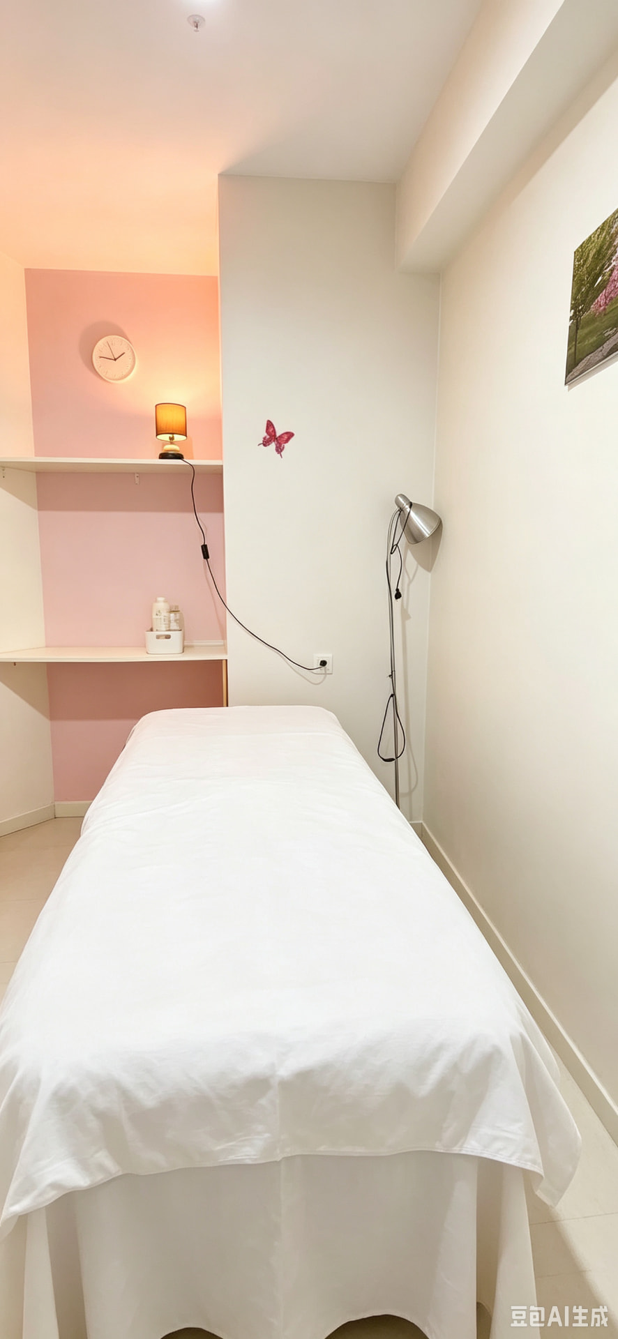 Cabine de soin aux murs rose poudré et linge blanc