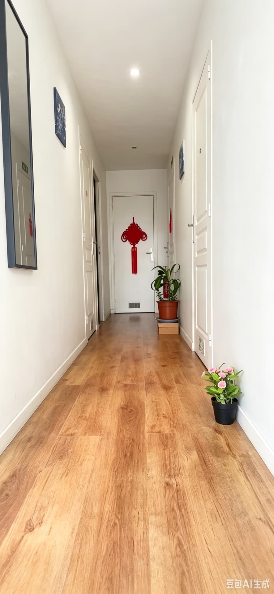 Couloir du salon Ruyi Massage, parquet clair et murs crème