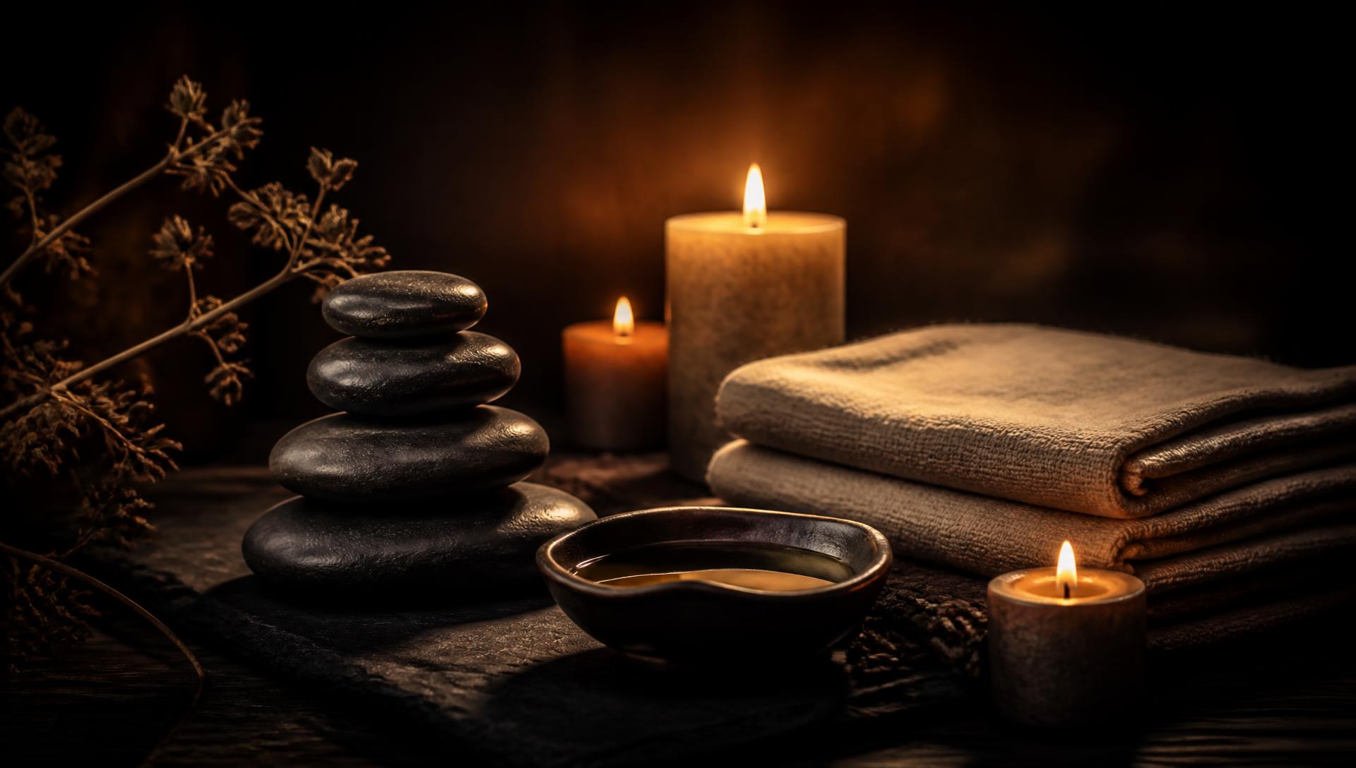 Ambiance tamisée d'un salon de massage : pierres chaudes, huile et bougies